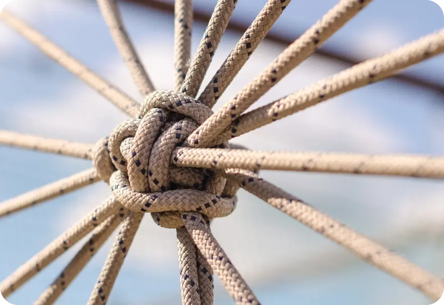 Several ropes come together into a big knot in the center